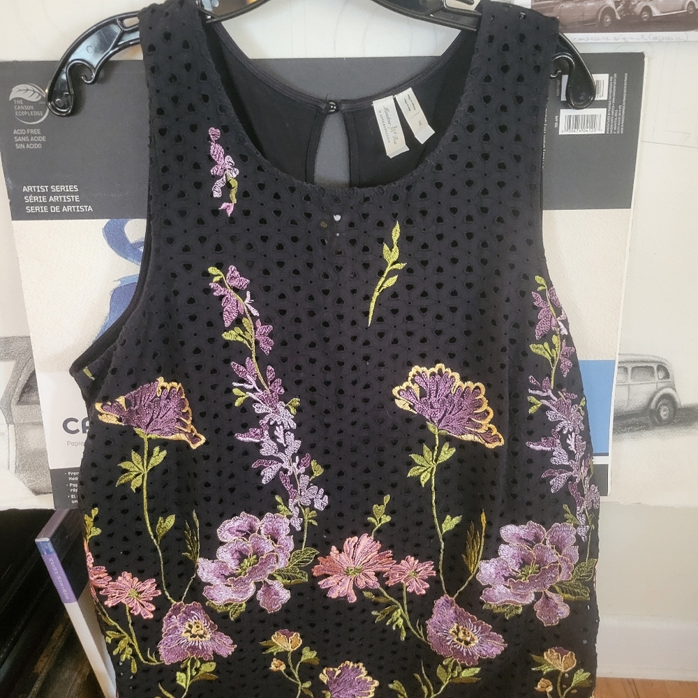 Anthropologie Navy Blue Lace Embroided Detail Top